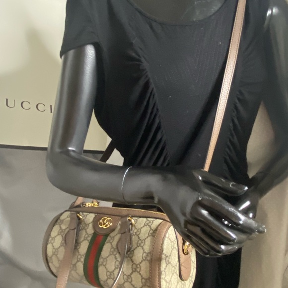 $1300 Gucci Ophidia canvas GG logo Boston barrel mini bag, authentic - Picture 6 of 10